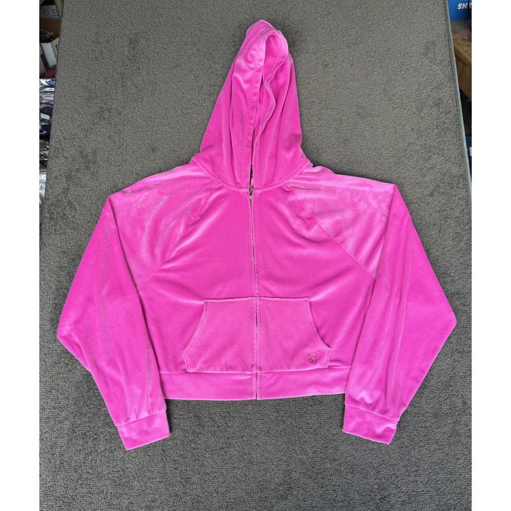 Victorias Secret On Point Hot Pink Velour Cropped Zip Up Hoodie Medium